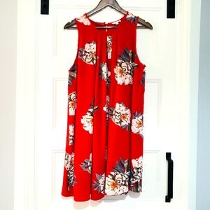 Umgee Womens M Floral Trapeze Dress Mini Red Keyhole Sleeveless Lined Pleated